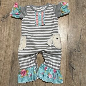 Gray Striped Baby Easter Romper with Floral Accents